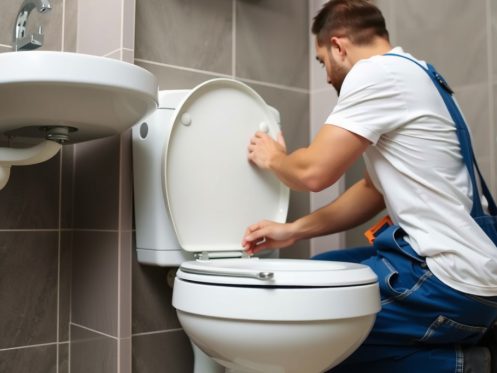 Plumber fixing a leaking toilet.