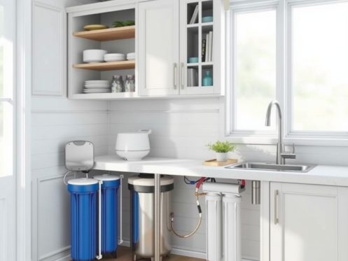 Reverse osmosis system under kitchen sink.