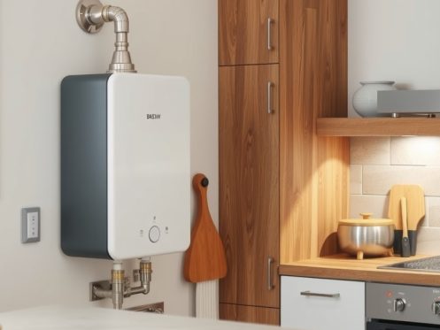 A tankless water heater system installed in a kitchen.